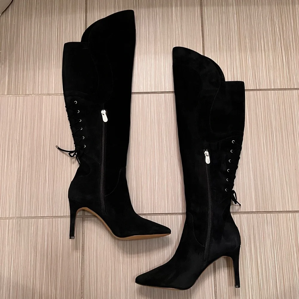 Adrienne Vittadini Over The Knee Black Suede Leather Boots 6 stiletto heel ties